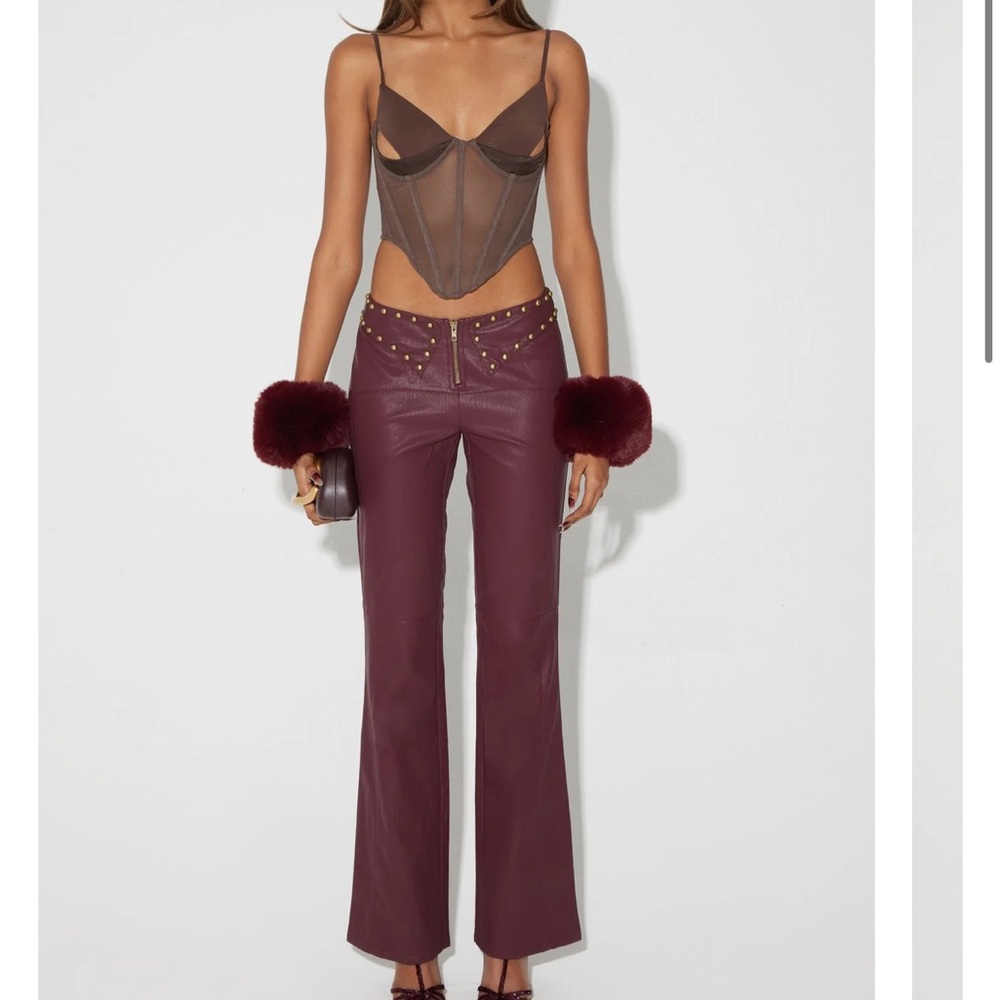 Burgundy/Maroon Faux Leather low rise studded embellished Boot Cut Flare Pants